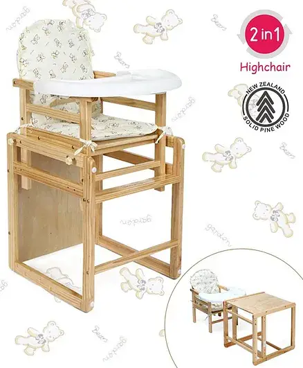 Babyhug Verona 2 In 1 Wooden High Chair With Removable Cushioned Seat & 2 Point Safety Harness - Thumbnail