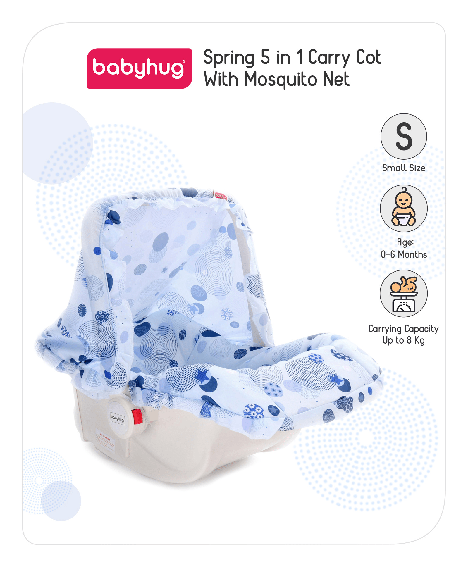 Babyhug Spring 5 in 1 Carry Cot Cum Rocker With Mosquito Net - White/Blue - Thumbnail