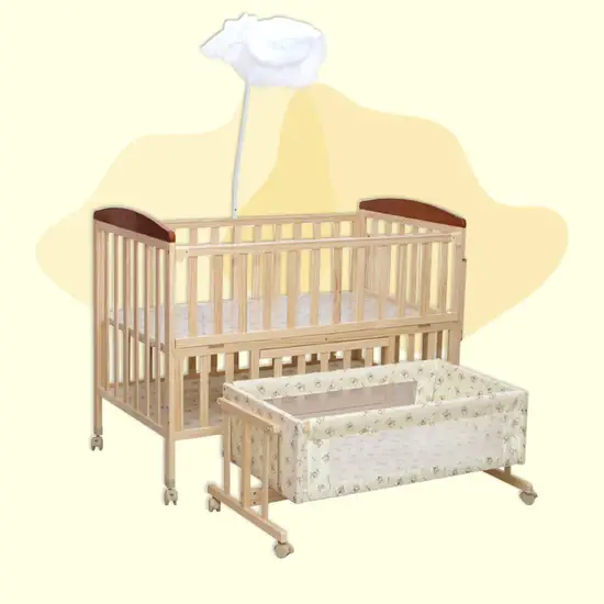 MEE MEE WOODEN BABY COT WITH SWINGING CRADLE & MOSQUITO NET - Thumbnail