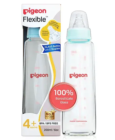 Pigeon Glass Feeding Bottle with Nipples Blue - 200 ml - Thumbnail