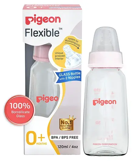 Pigeon Glass Feeding Bottle with Nipples Pink - 120 ml - Thumbnail