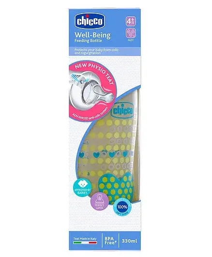 Chicco Well-Being Fast Flow Feeding Bottle Green - 330 ml - Thumbnail