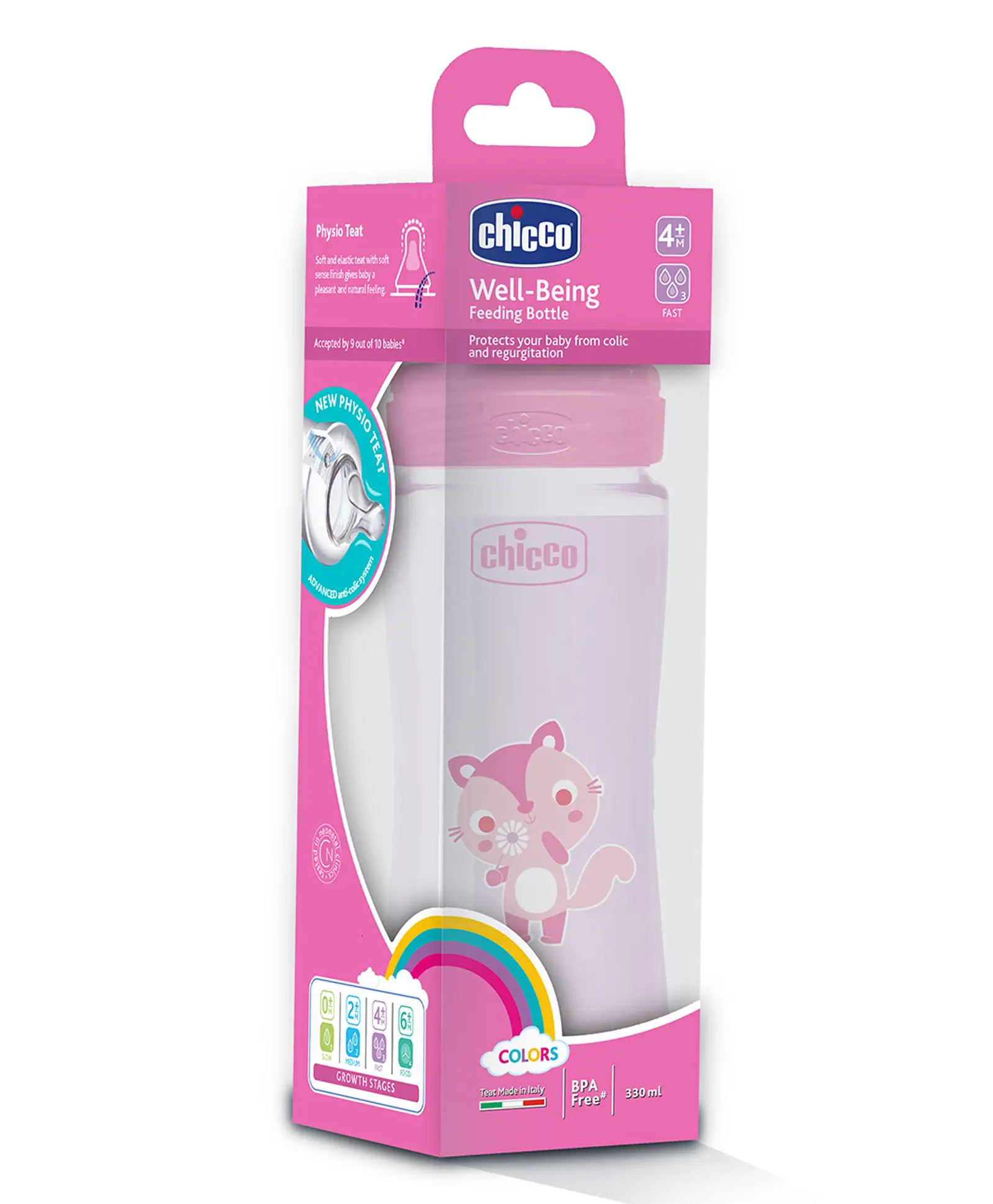 Chicco Well-Being Feeding Bottle with Fast Flow Pink - 330 ml - Thumbnail