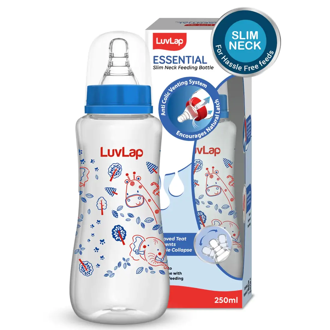 Anti-Colic Slim Neck Essential Baby Feeding Bottle, 250ml, Jungle Tales (Blue) - Thumbnail