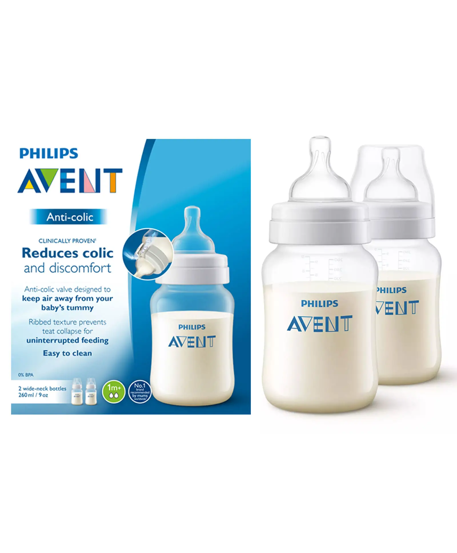 Avent Classic Anti Colic Bottle I Ideal for 1 Month+ I I BPA Free Pack of 2 - 260 ml - Thumbnail