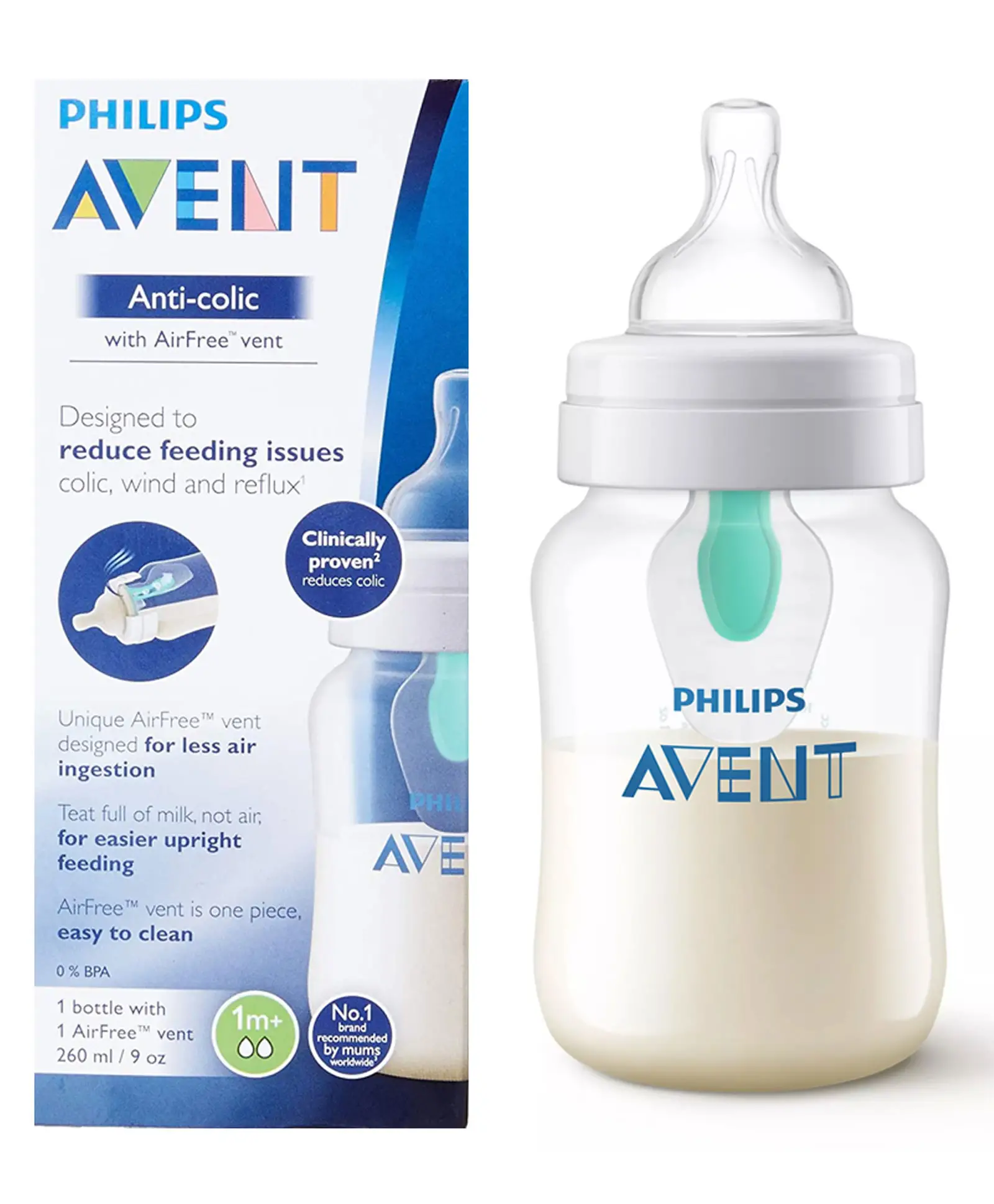 Avent Classic Anti Colic Bottle with Air-free Vent I Ideal for 1 Month+ I I BPA Free - 260 ml - Thumbnail