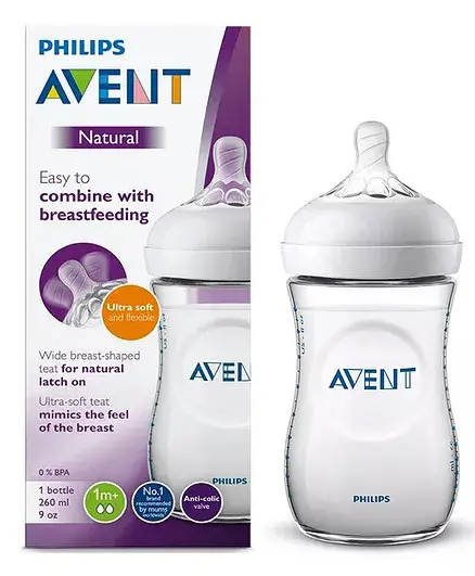 Avent Natural Feeding Bottle I Ideal for 1 Month+ I Slow Flow I BPA Free Pack of 2 - 260 ml - Thumbnail