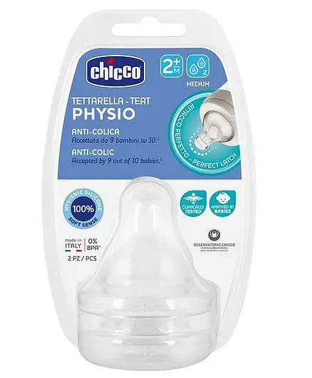 Chicco Physio Anti-Colic Medium Flow Teats Pack of 2 - White - Thumbnail