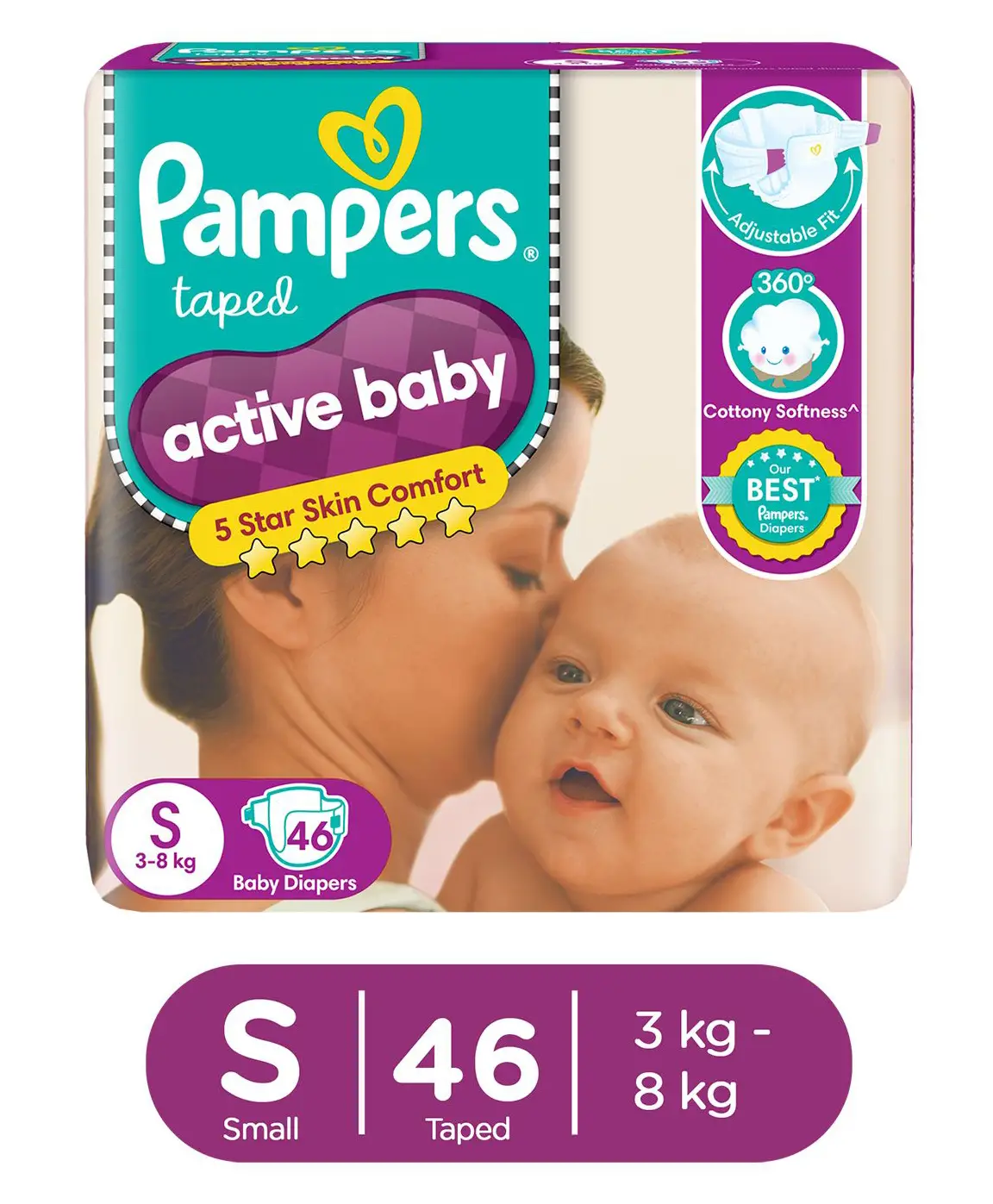 Pampers Active Baby Taped Diapers, Small size diapers, (S) 46 count, taped style custom fit - Thumbnail