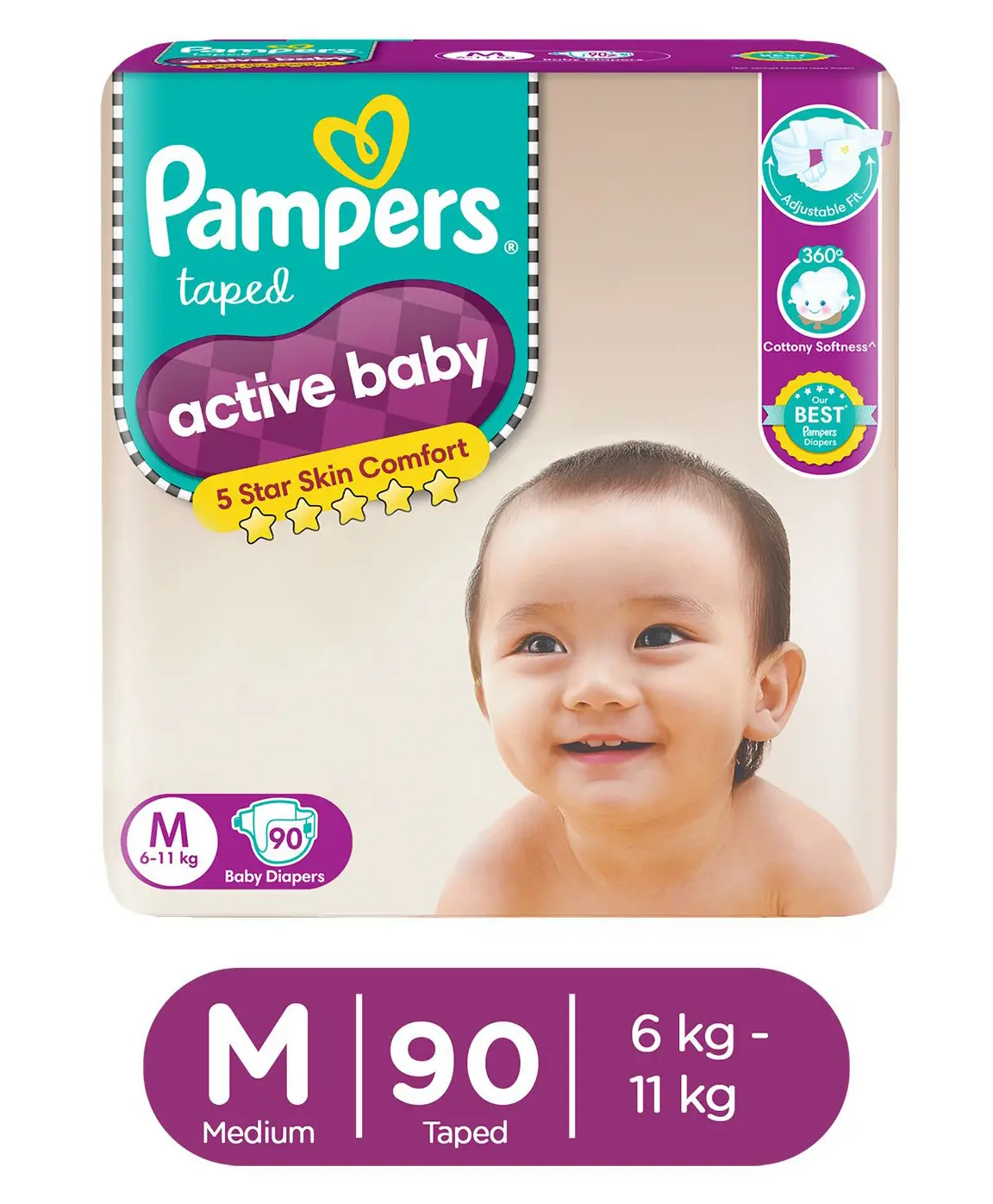 Pampers Active Baby Taped Diapers, Medium size diapers, (M) 90 count, taped style custom fit - Thumbnail