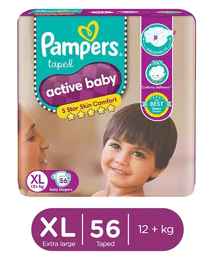 Pampers Active Baby Taped Diapers, Extra Large size diapers, (XL) 56 count, taped style custom fit - Thumbnail