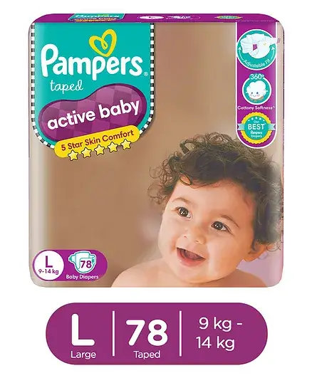 Pampers Active Baby Taped Diapers, Large size diapers, (L) 78 count, taped style custom fit - Thumbnail