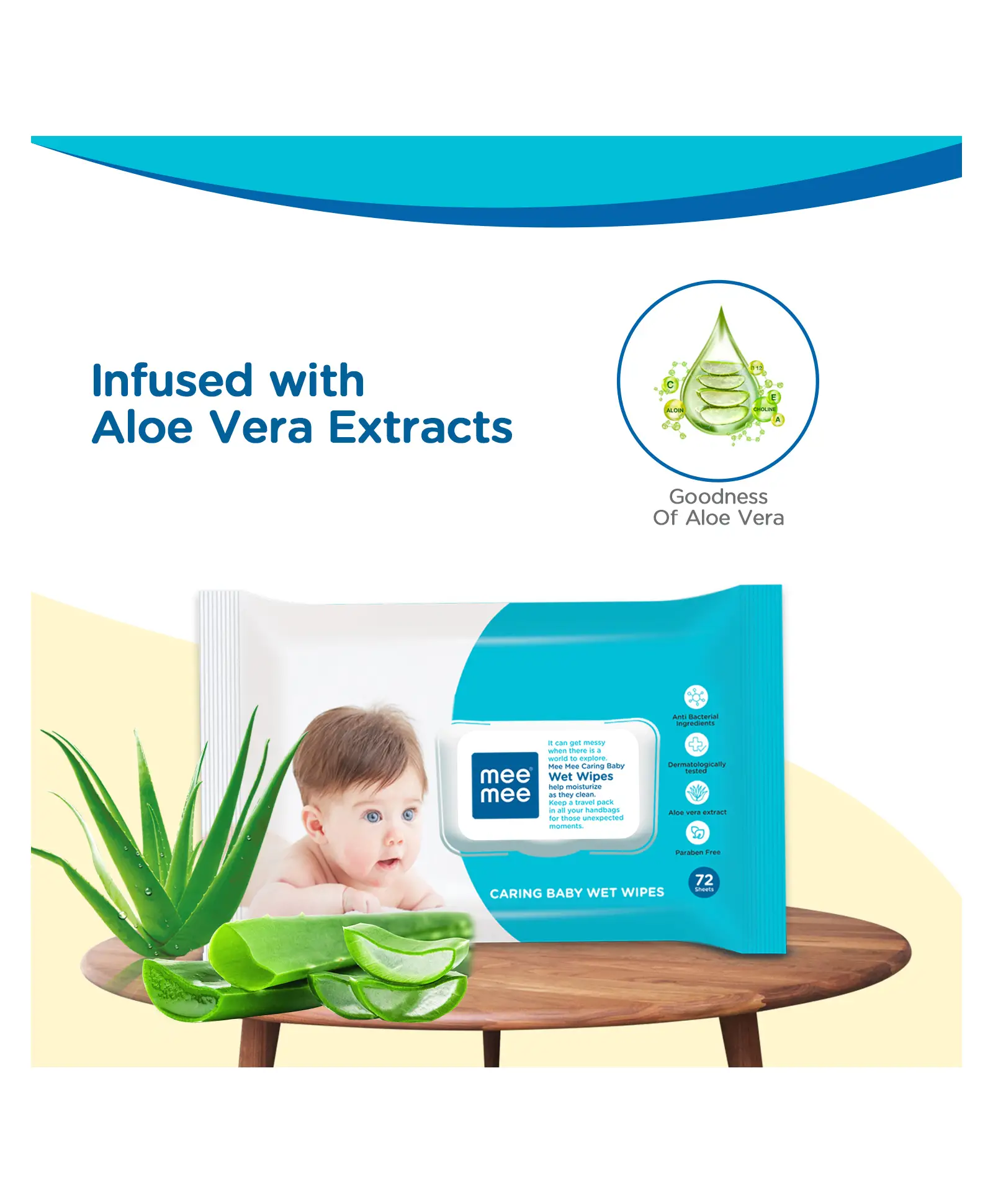 Mee Mee Caring Baby Wet Wipes with Lid - 72 Pieces - Thumbnail