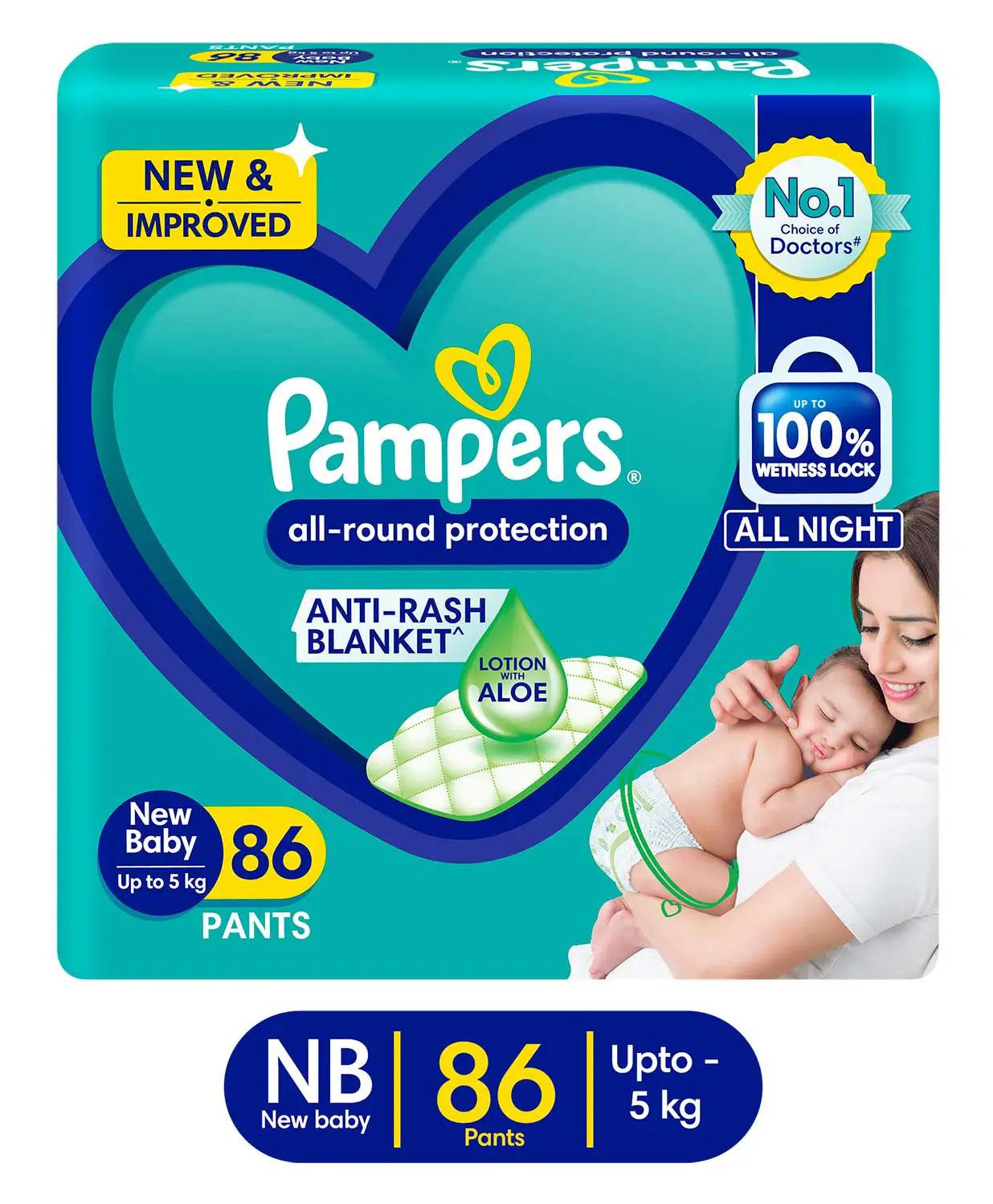 Pampers All round Protection Pants, New Born, Extra Small size baby diapers (NB,XS) 86 Count, Lotion with Aloe Vera - Thumbnail