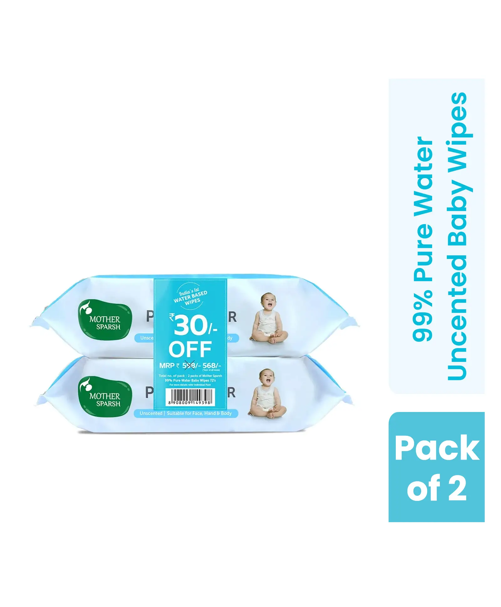Mother Sparsh Baby 99 % Pure Water (Unscented) Baby Wipes. Pack of 2 - 72 Pieces Super Saver Pack - Thumbnail