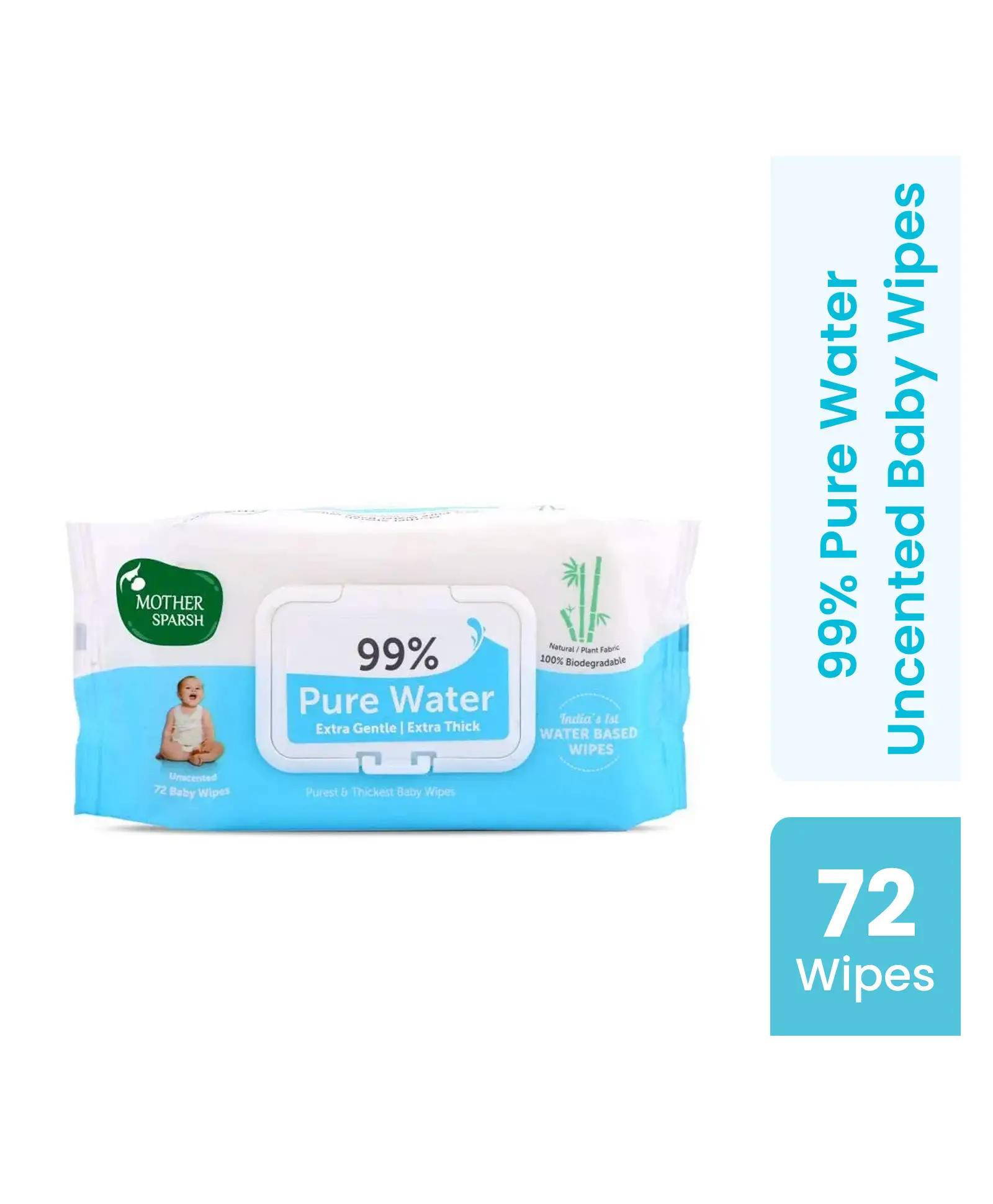 Mother Sparsh Baby Unscented 99 % Pure Water (Unscented) Baby Wipes - 72 Pieces - Thumbnail