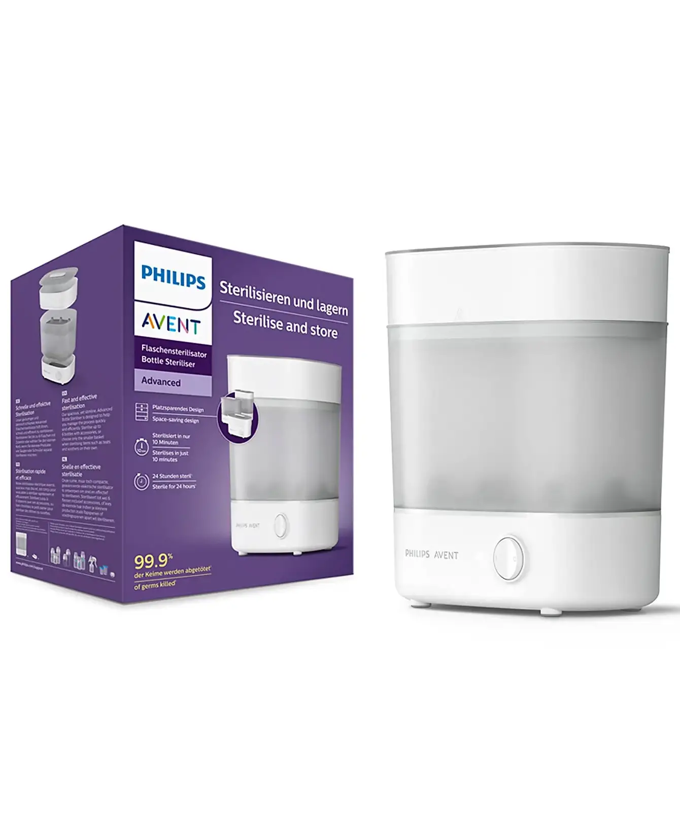 Avent Advance Bottle Sterilizer 10 mins Cycle, Natural Steam Sterilization, Capacity of 6 Baby Bottles - White - Thumbnail