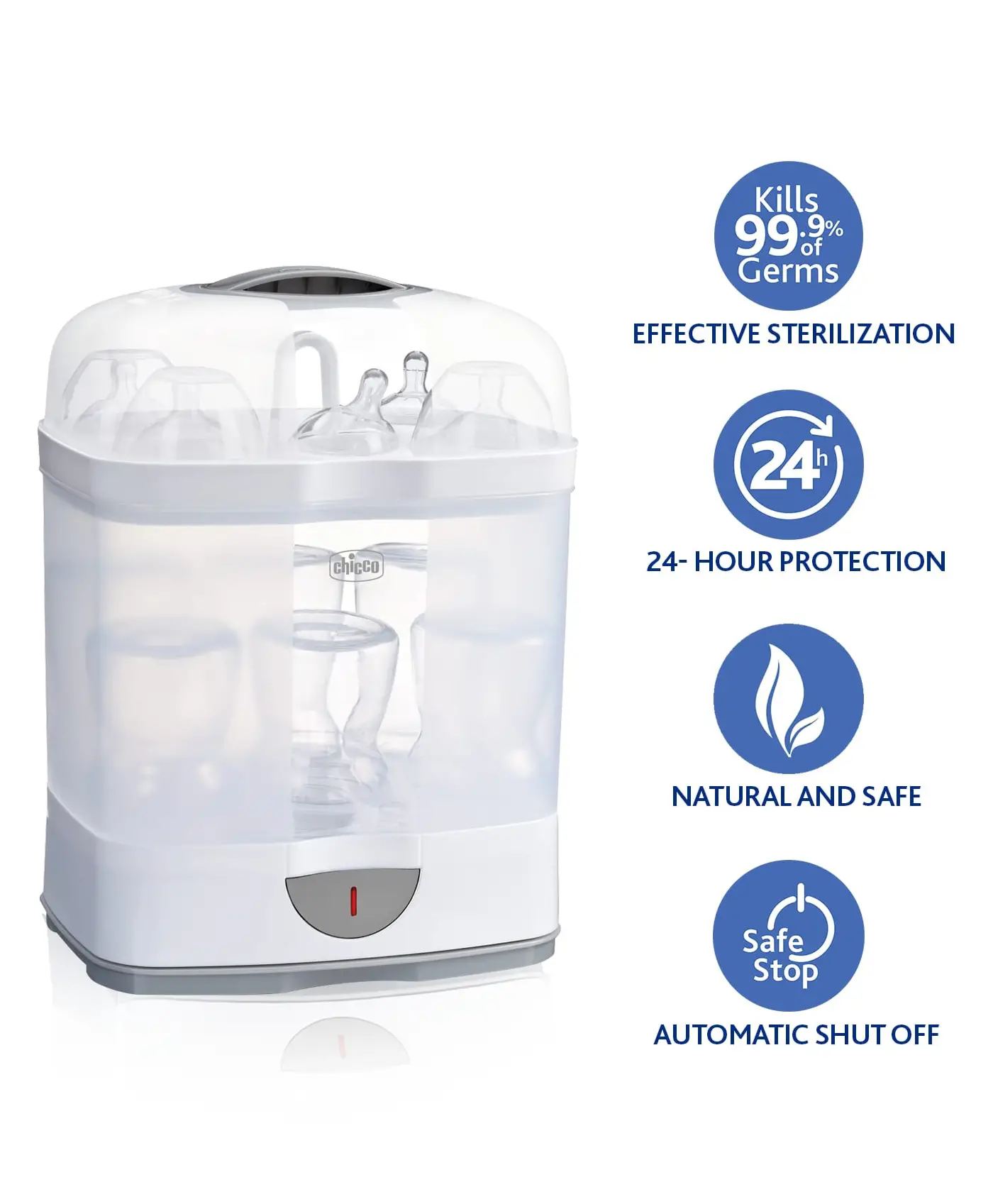 Chicco Baby Feeding Bottle Sterilizer 2 in 1 for 6 Bottles & Accessories - White - Thumbnail