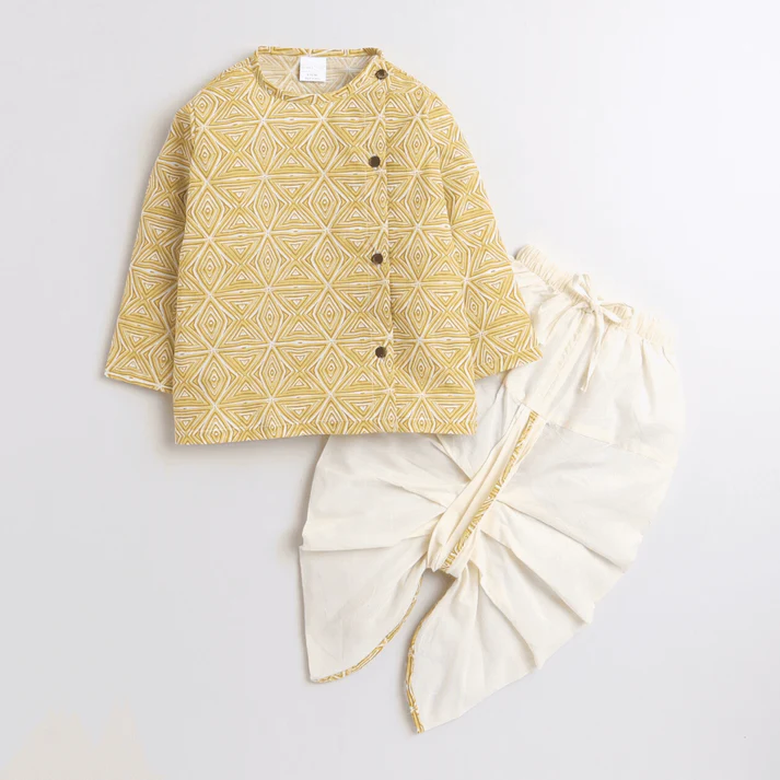 Polka Tots Full Sleeve Geometrical Print Angrakha kurta With Piping Dhoti - Yellow - Thumbnail