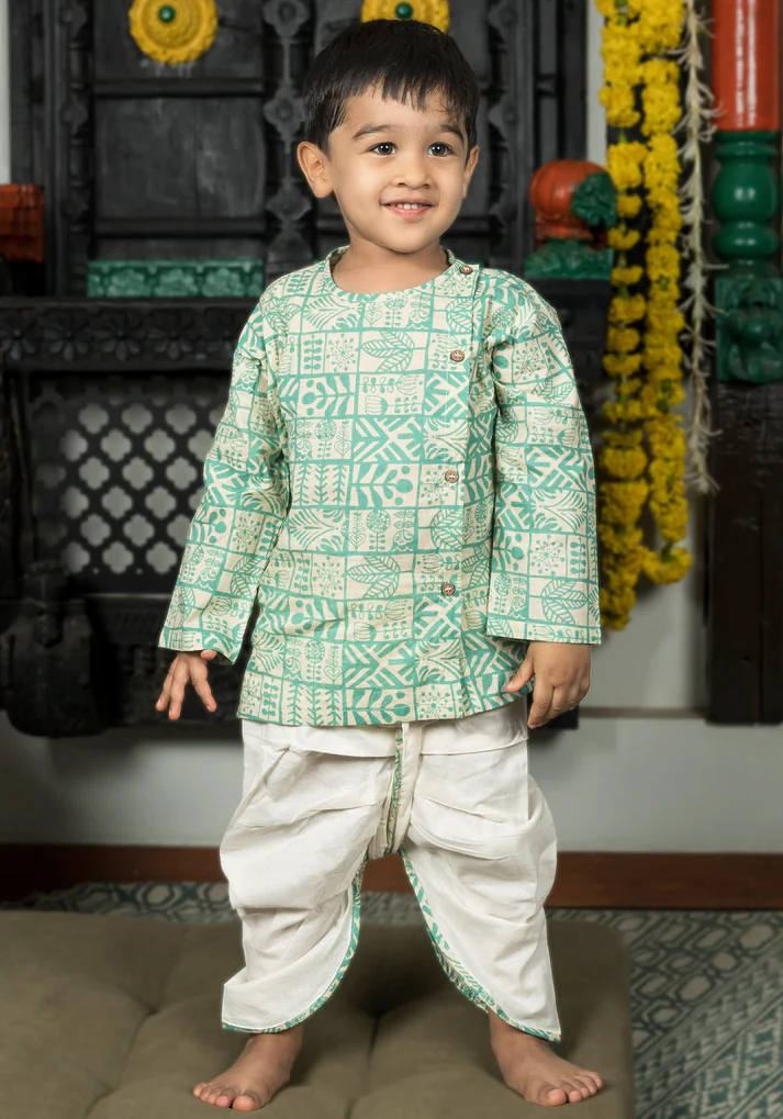 Polka Tots 100% Super Soft Cotton Full Sleeve Geometric Print Angrakha Top With Dhoti - Cream & Green - Thumbnail