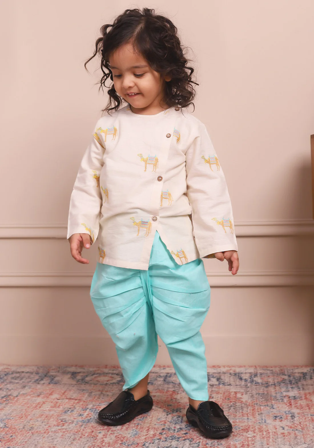 Polka Tots Full Sleeve Camel Embroidery Angrakha Top With Dhoti - cream - Thumbnail