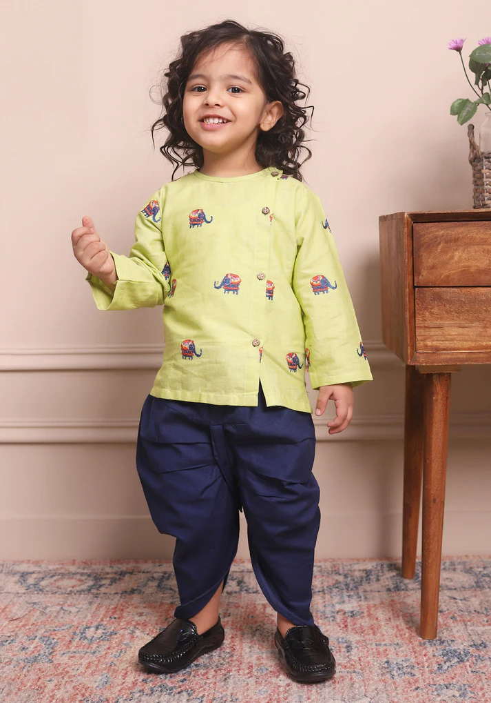 Polka Tots Full Sleeve Elephant Embroidery Angrakha Top With Dhoti - Green - Thumbnail