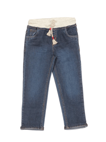 ELASTIC WAIST MILD DISTRESSED STRAIGHT FIT JEANS - NAVY BLUE - Thumbnail