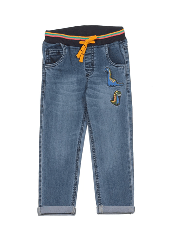 ELASTIC WAIST MILD DISTRESSED STRAIGHT FIT JEANS - BLUE - Thumbnail