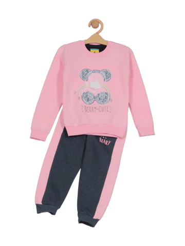 CUTE ROUND NECK FLEECE TRACKSUIT - PINK - Thumbnail