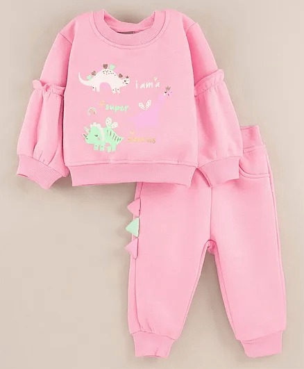 Little Kangaroos Cotton Fleece Full Sleeves Winter Wear Suit Multiprint - Pink - Thumbnail