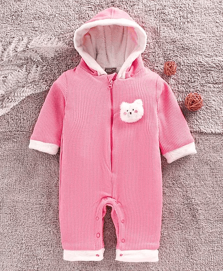 Little Kangaroos Full Sleeves Winter Wear Romper Cat Applique - Pink - Thumbnail