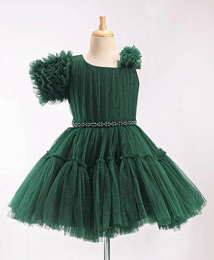 Enfance Cold Shoulder Pearl Detailed Waistband Shimmer Tiered Flare Dress - Bottle Green - Thumbnail