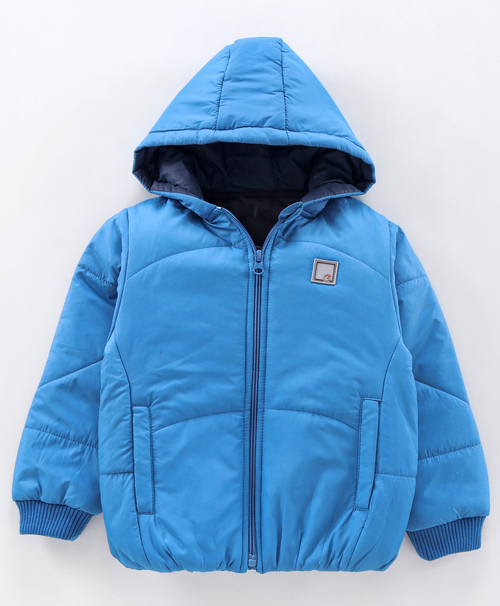Little Kangaroos Full Sleeves Solid Hooded Quilted Jacket - Blue - Thumbnail