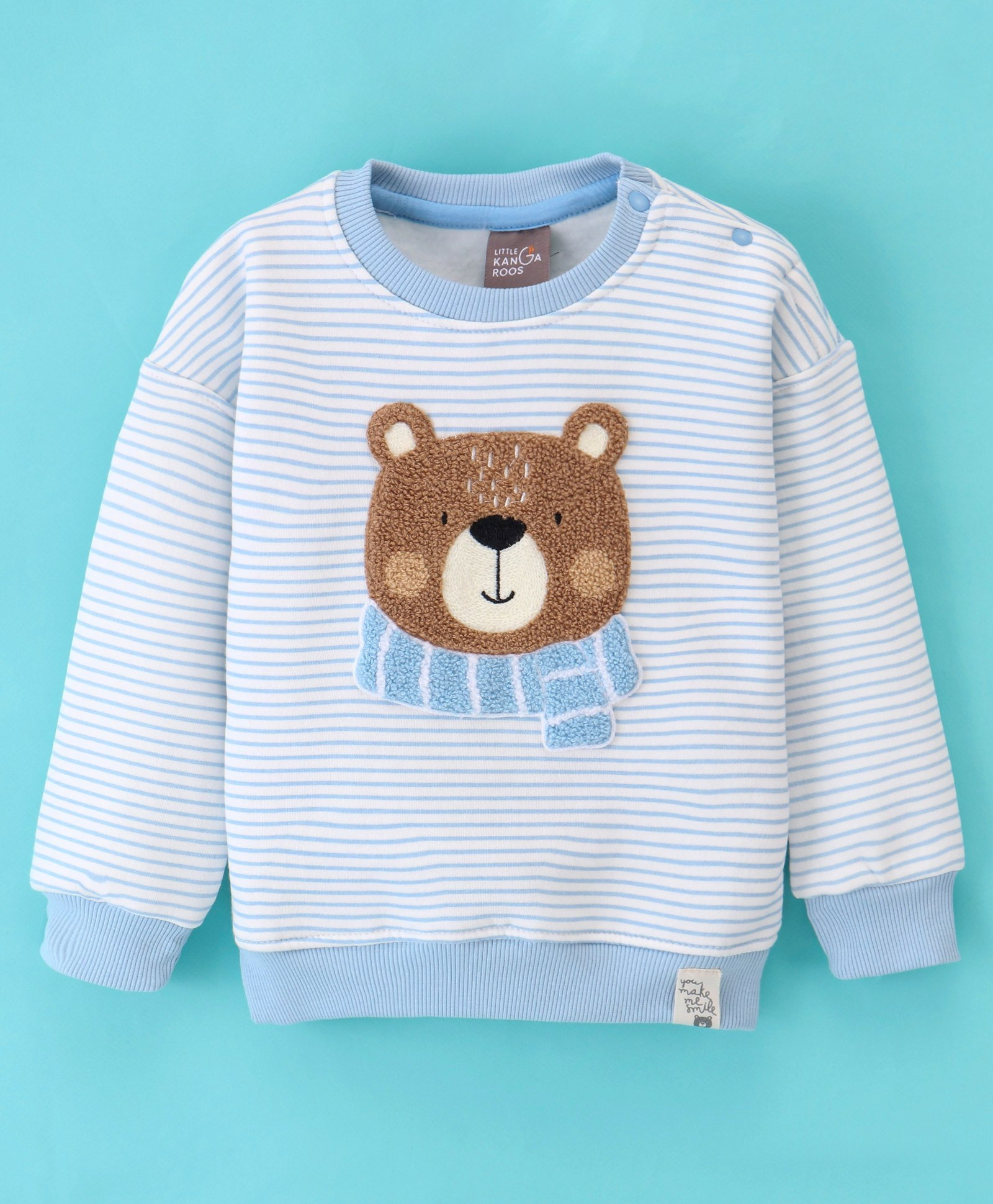 Little Kangaroos Full Sleeves Drop Shoulder Sweatshirt with Bear Patch - Sky Blue - Thumbnail