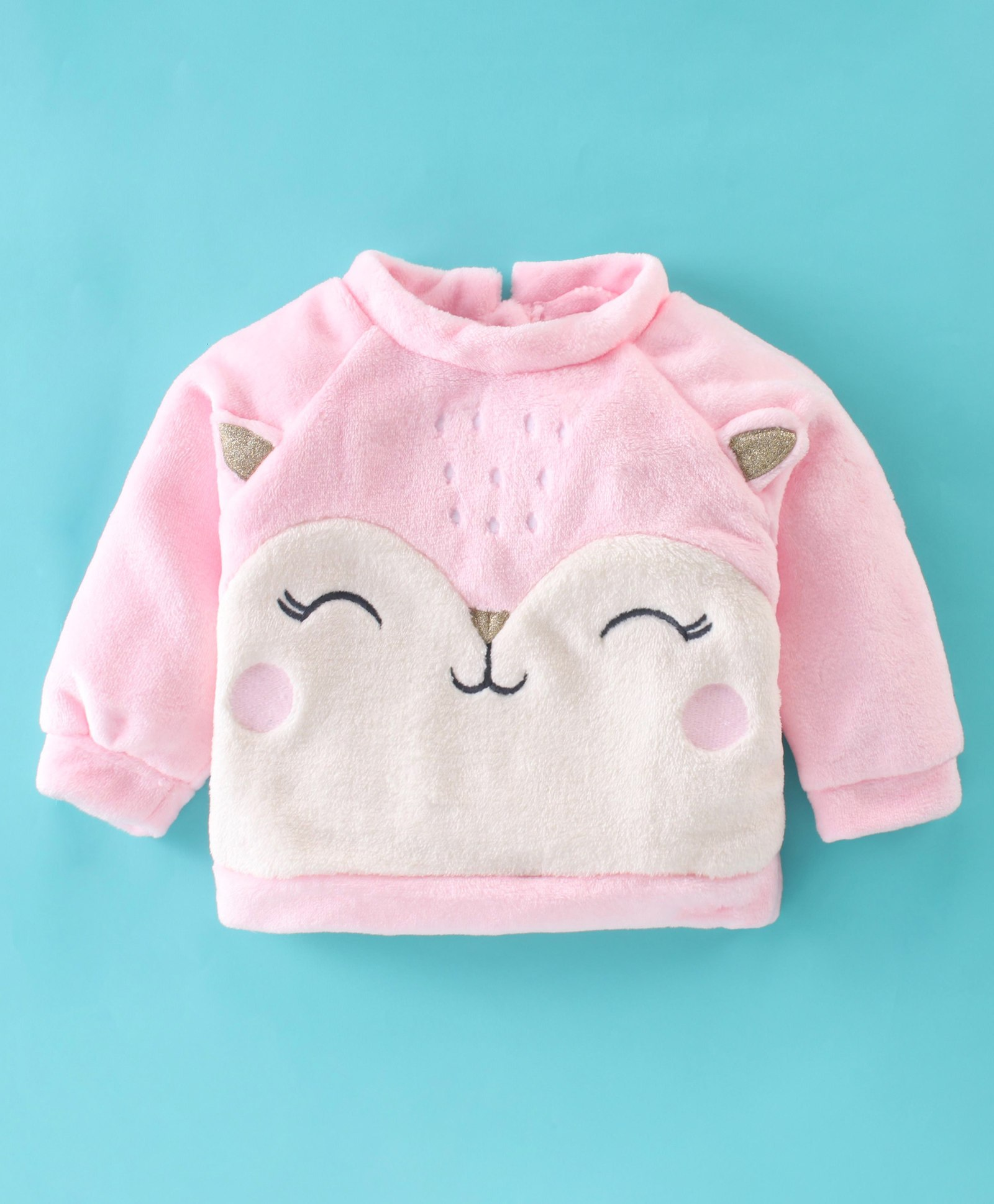 Little Kangaroos Woven Full Sleeves Sweatshirt With Kitty Applique - Pink - Thumbnail