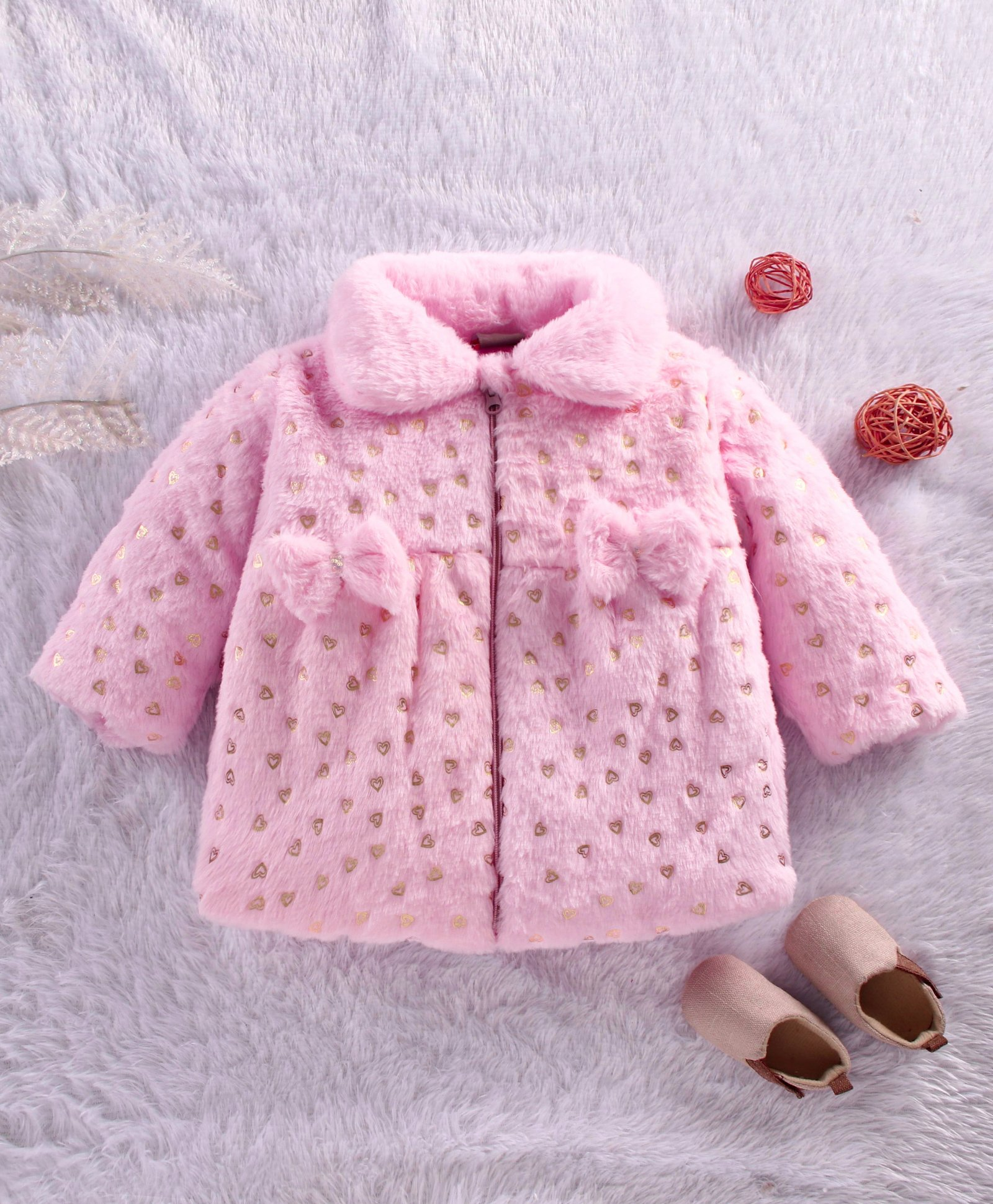 Little Kangaroos Full Sleeves Fur Jacket Heart Design & Bow Applique - Pink - Thumbnail