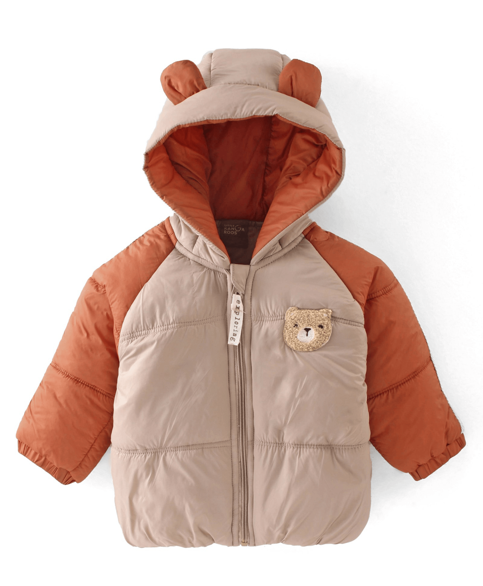 Little Kangaroos Full Sleeves Solid Color Drop Shoulder Hooded Jacket With Bear Applique - Brown - Thumbnail