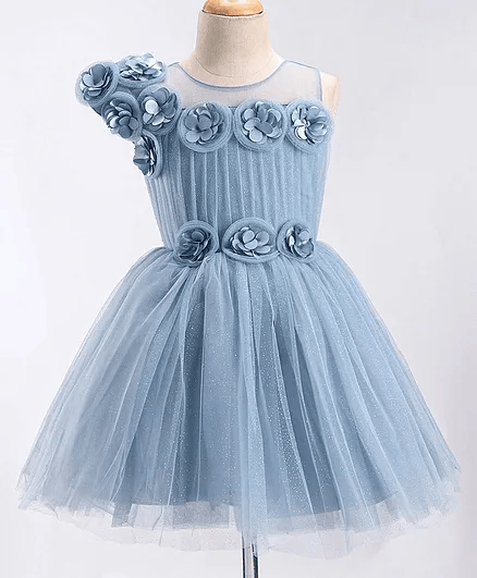 Enfance Sleeveless Flower Applique Detailed Pleated Bodice Shimmer Flare Dress - Grey - Thumbnail
