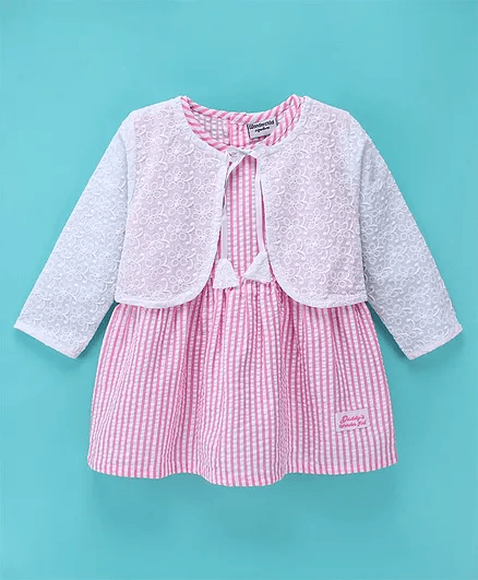 Wonderchild Full Sleeves Shrug With Striped Dress - Pink And White - Thumbnail