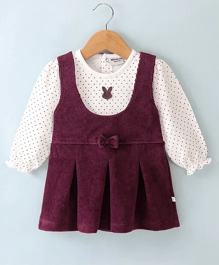Wonderchild Full Sleeves Polka Dots Printed Tee With Dress - Wine - Thumbnail