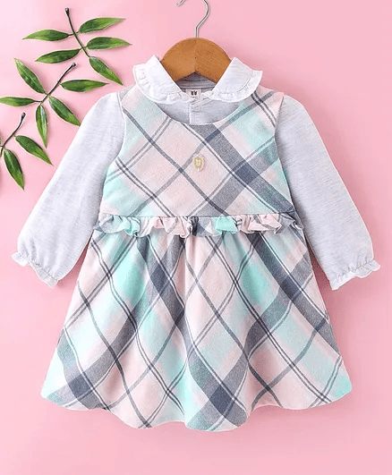 ToffyHouse 100% Cotton Checks Frock with Full Sleeves Solid Colour Inner Tee - Pink & Grey - Thumbnail
