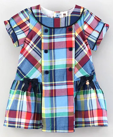 ToffyHouse Half Sleeves Checks Frock with Bow - Blue - Thumbnail
