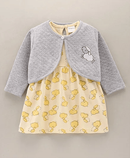 Wonderchild Cap Frill Sleeves All Over Sheep Printed Dress - Thumbnail