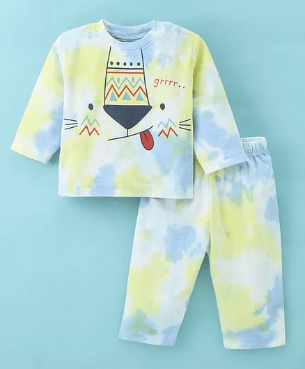 Wonderchild Full Sleeves Tie & Dye Animal Face Printed Night Suit - Multi Colour - Thumbnail