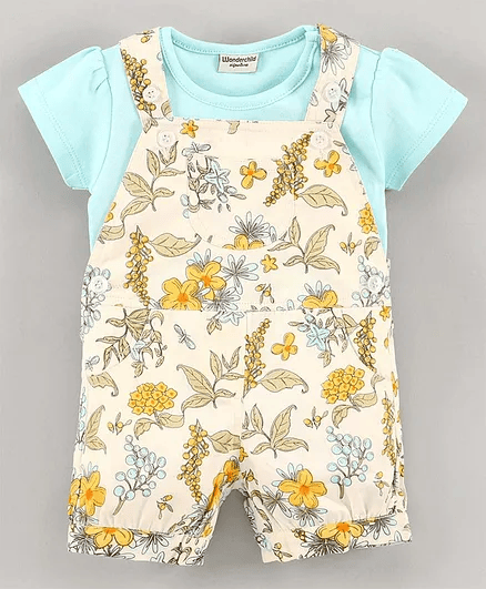 Wonderchild Short Sleeves Tee With Floral Print Dungaree - Cream - Thumbnail