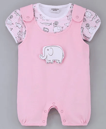 Wonderchild Half Sleeves Animals On Stripes Top With Romper - Pink - Thumbnail