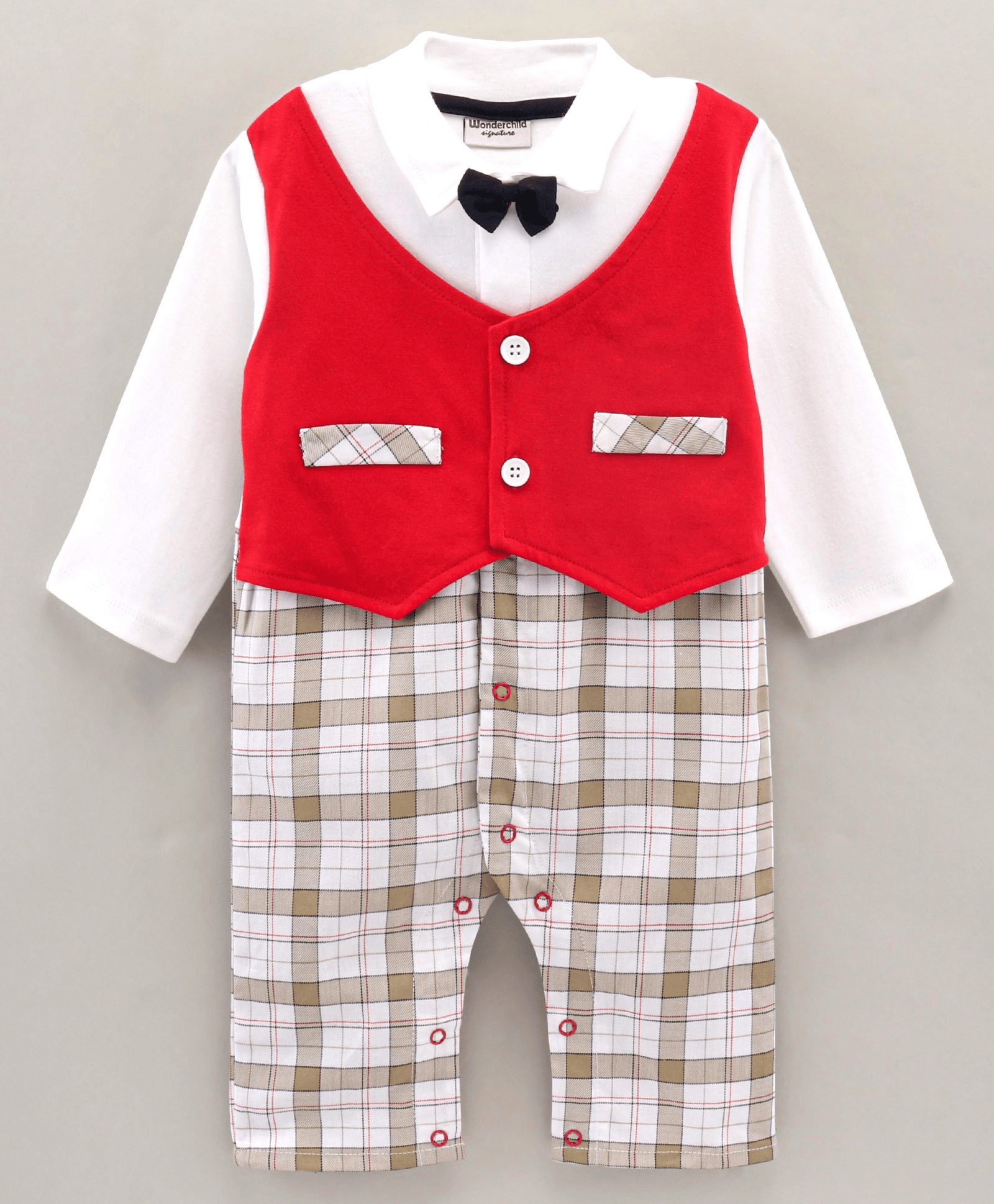 Wonderchild Full Sleeves Checkered Waistcoat Style Romper - Red - Thumbnail