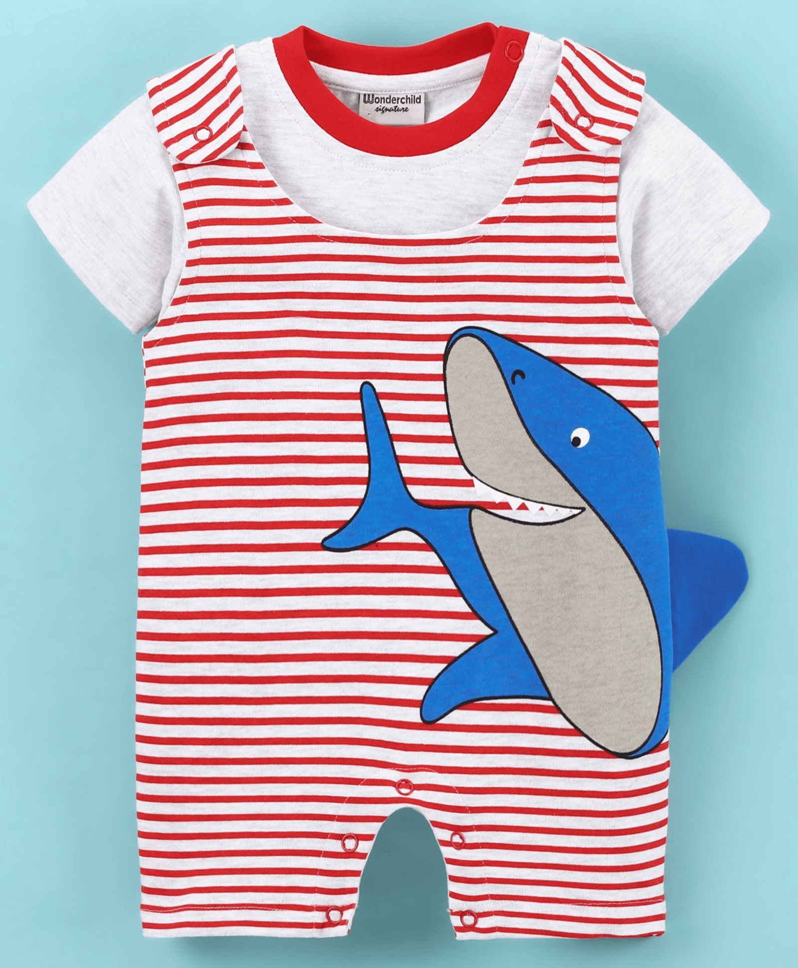Wonderchild Half Sleeves Solid Tee With Striped & Shark Printed Romper - Red - Thumbnail