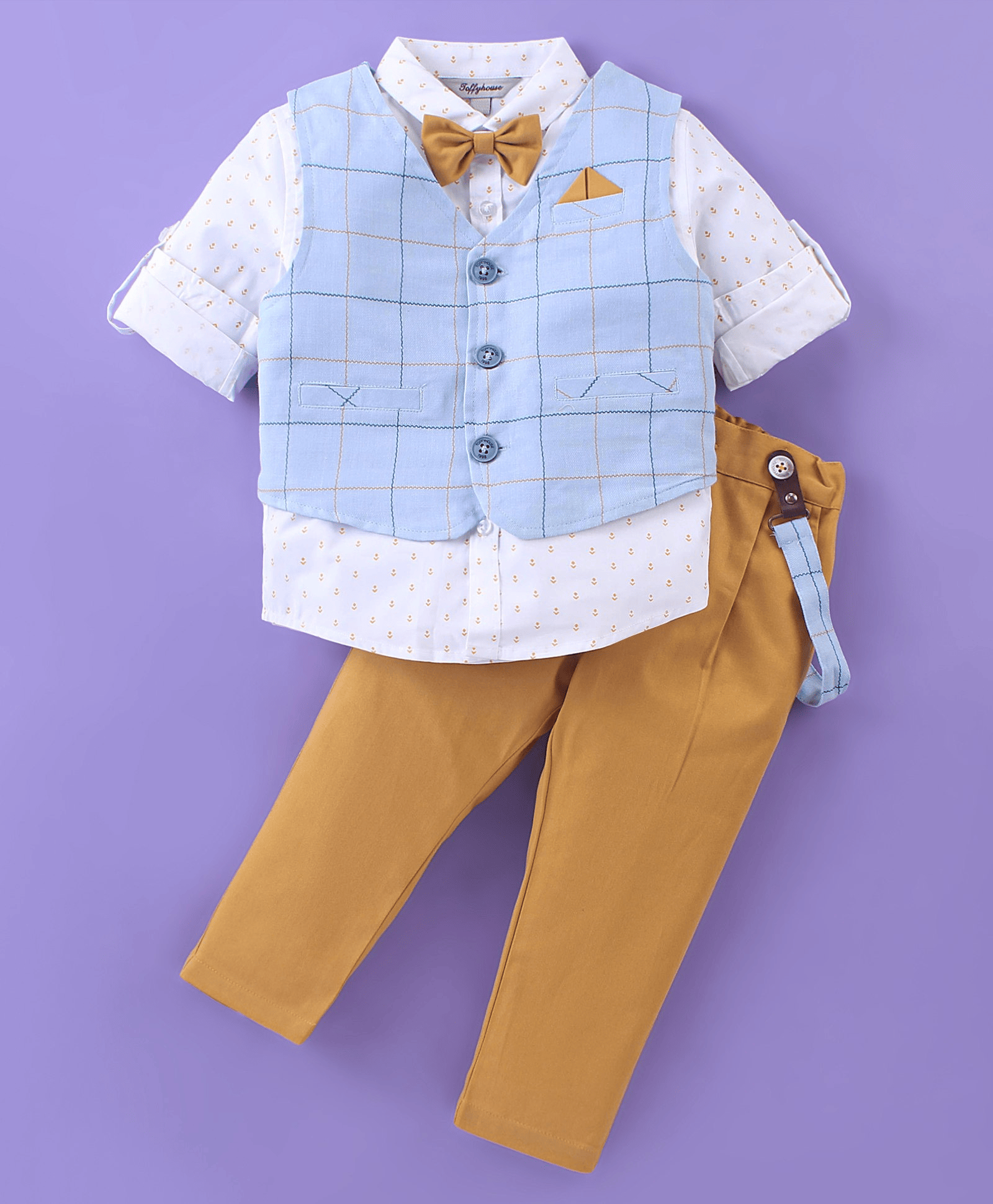 ToffyHouse Woven Cotton Full Sleeves Printed Party Suits with Bow Suspender & Waistcoat - Blue & Beige - Thumbnail