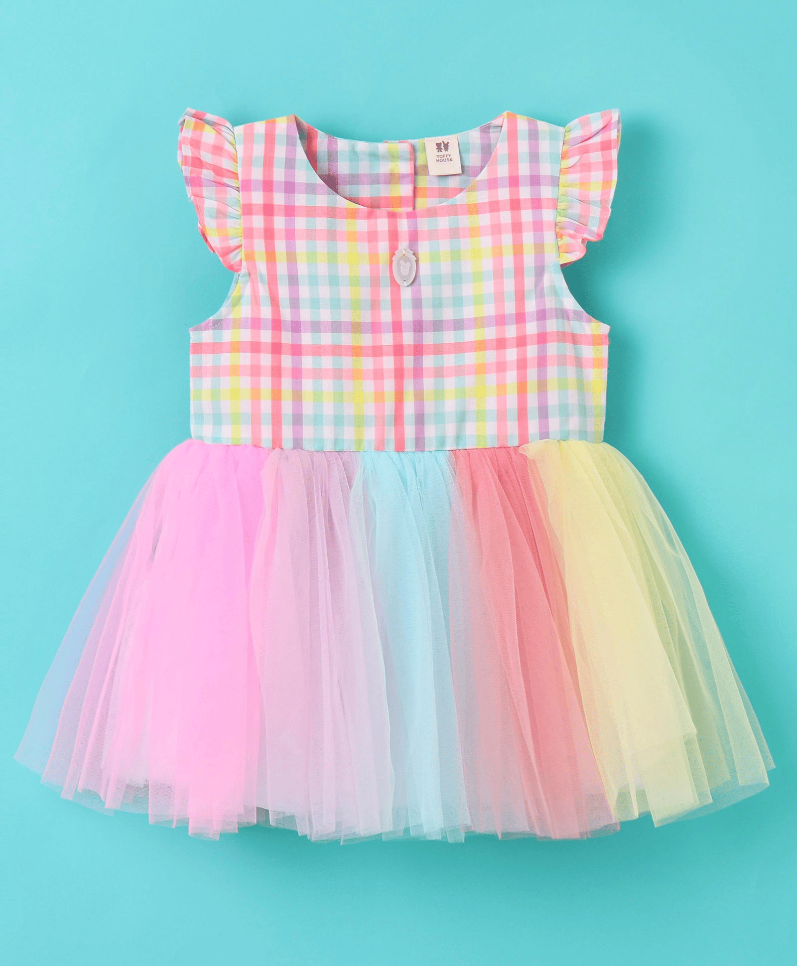 ToffyHouse 100% Woven Cotton Yarn Dyed Frill Sleeves Checked Frock- Pink & Blue - Thumbnail